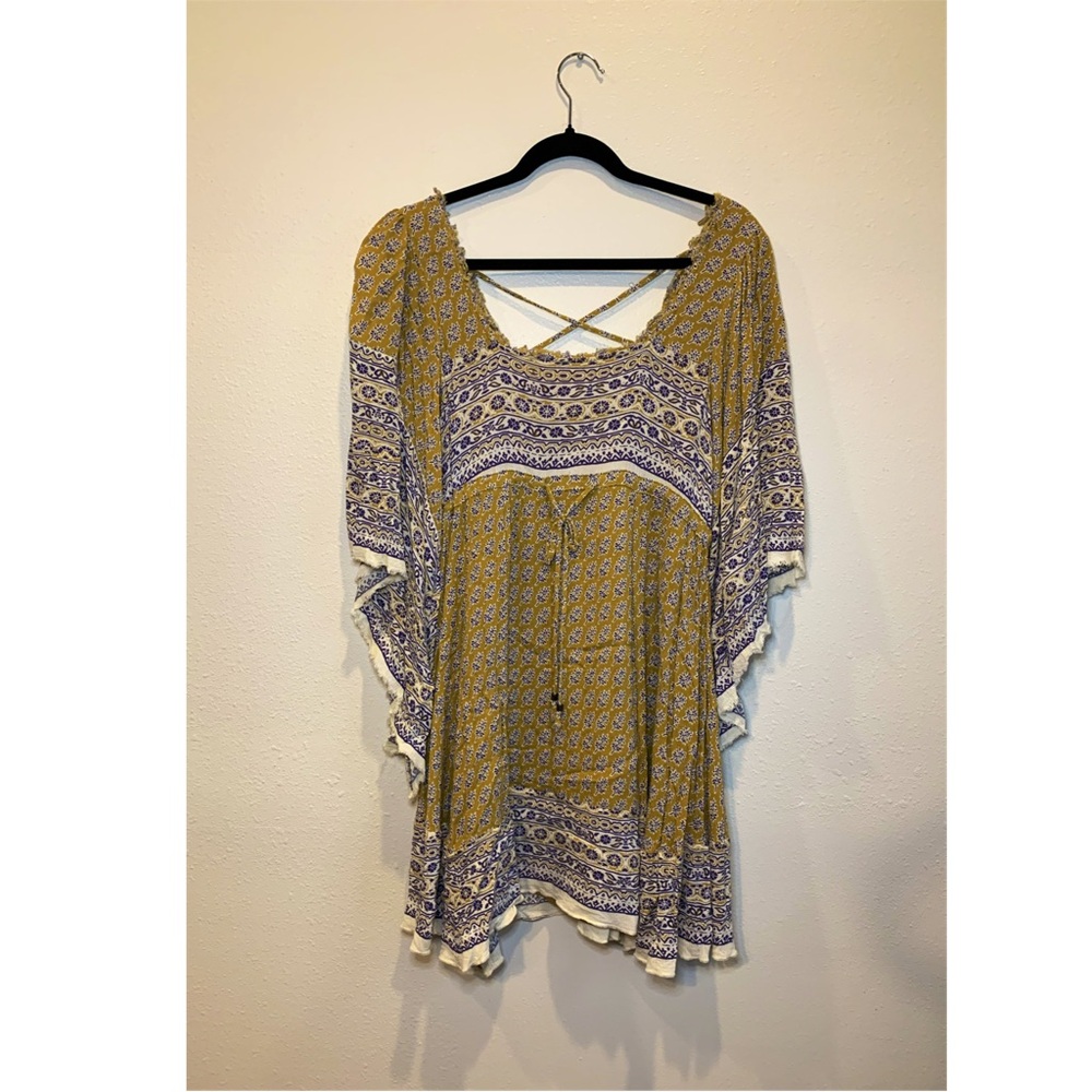 Free People Mustard, Blue, & Cream Gauzey Boho Bell Sleeve Mini Dress